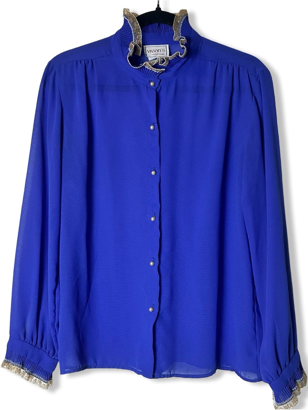 Vivian’s California Vintage Periwinkle Lace Trim Ruffle Collar Blouse 80s Sz L